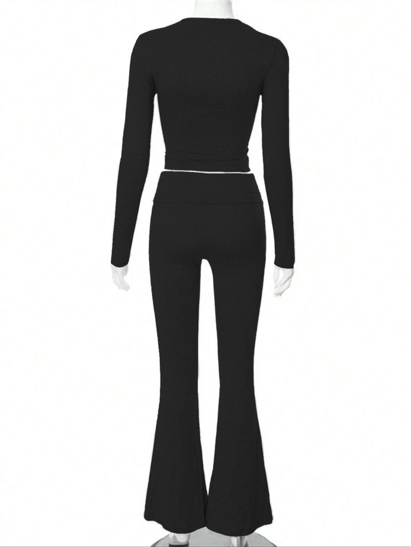 Women's 2 Piece Casual Pajama Set, Slim Fit Long Sleeve Top & Low Rise Bell Bottoms, Versatile Yoga Loungewear for All Seasons,Airport Outfit