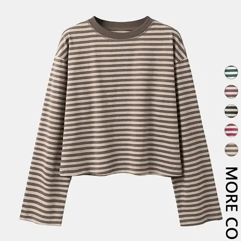 【Black Friday】Women's Casual Striped Long Sleeve T-Shirt, Loose-Fit Tee, All-Season Wear, Medium-Weight Fabric
