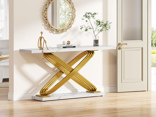 LITTLE TREE 55 Inch Modern Console Table, Faux Marble Gold Entryway Table Behind Sofa Couch, Narrow Rectangular Sofa Table for Living Room, Bedroom, Front Hall, Hallway LITTLE TREE 55 Inch Modern Console Table, Faux Marble Gold Entryway Table Behind Sofa Couch, Narrow Rectangular Sofa Table for Living Room, Bedroom, Front Hall, Hallway