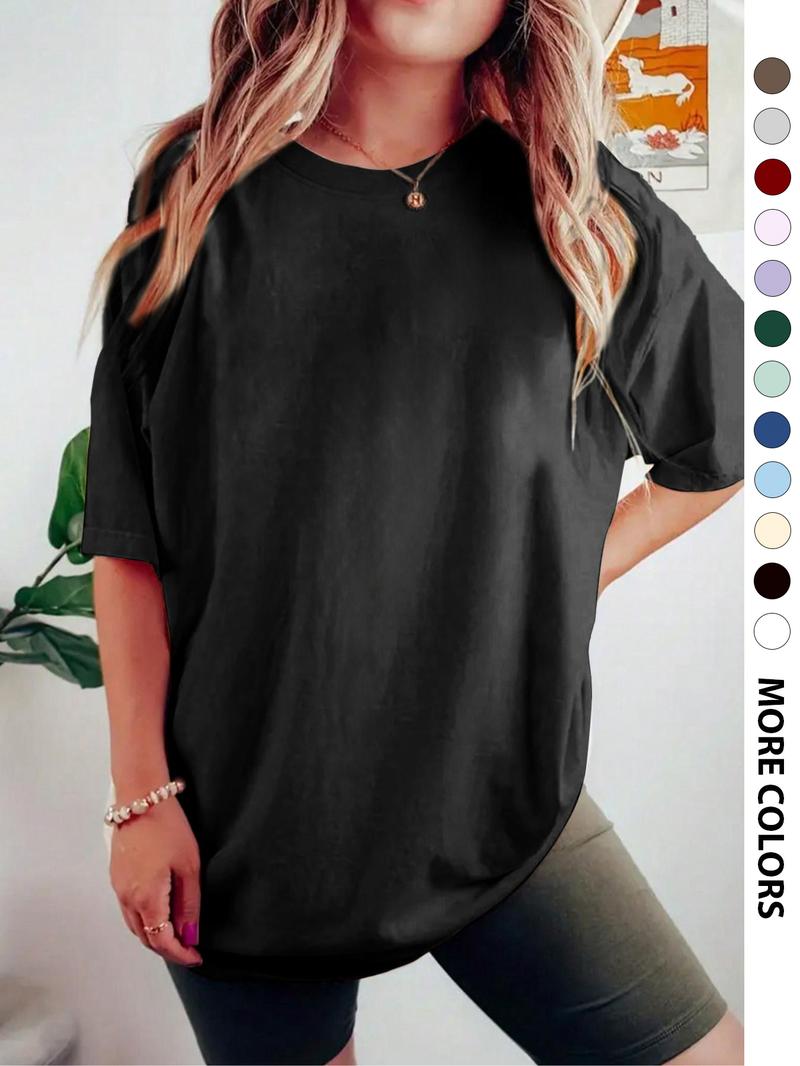 Women's Letter & Cartoon Face Print Drop Shoulder Tee, Casual Half Sleeve Round Neck T-Shirt for Daily Wear, Ladies Clothes for All Seasons