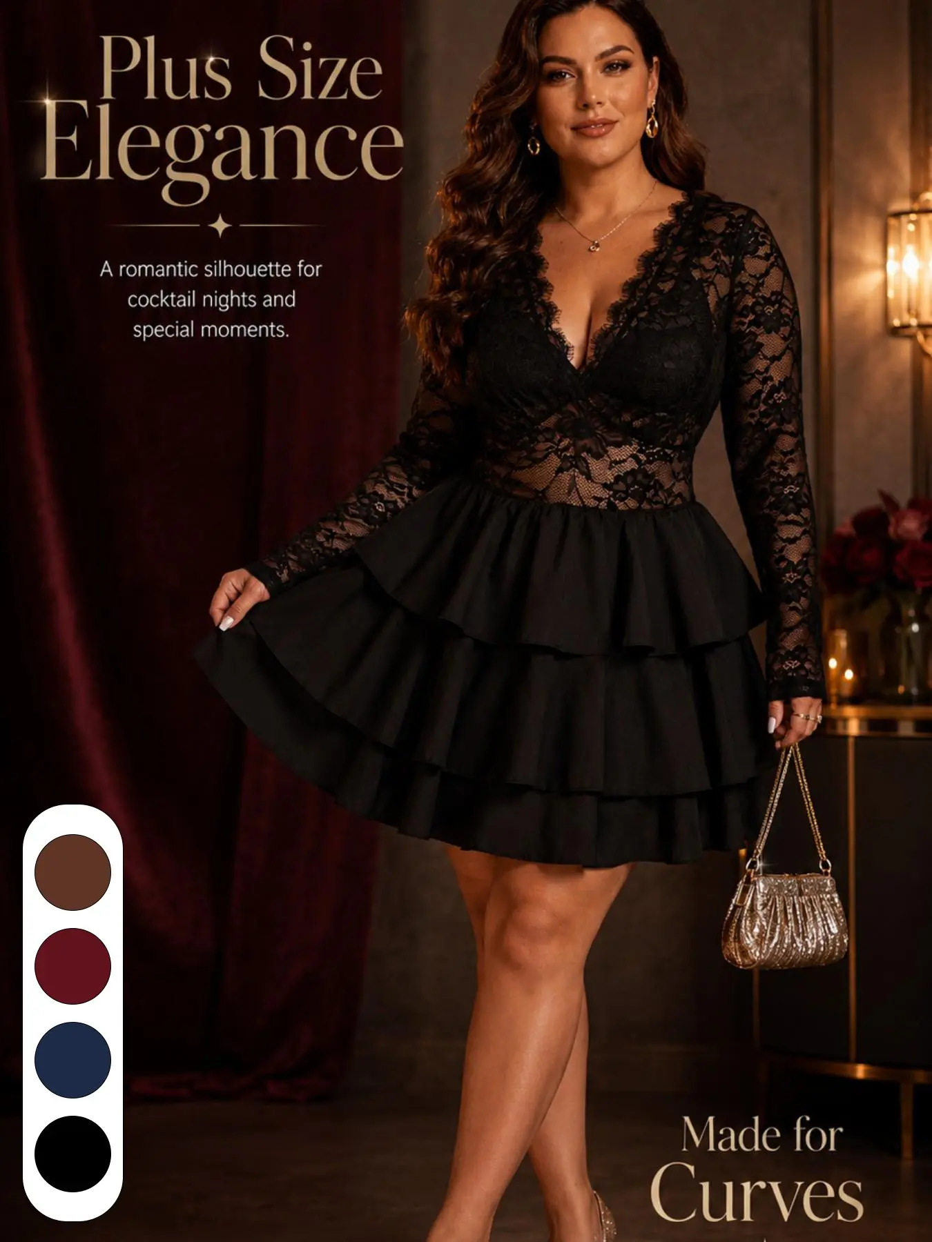 Plus Size Black Lace V-Neck Mini Dress, Long Sleeve Sheer Lace, Multi-Layer Tiered Cake Skirt, Homecoming Gown, Birthday Dress, Curve-Hugging Fit, Wedding Guest Dress, Cocktail Party Outfit, Evening, Prom Gown, Date Night Outfit