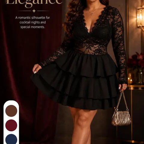 Plus Size Black Lace V-Neck Mini Dress, Long Sleeve Sheer Lace, Multi-Layer Tiered Cake Skirt, Homecoming Gown, Birthday Dress, Curve-Hugging Fit, Wedding Guest Dress, Cocktail Party Outfit, Prom Gown, Date Night Outfit, Formal