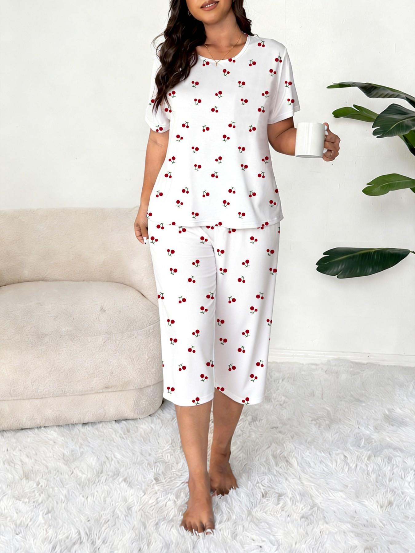 Plus-Size Women's Cherry Print Round Neck Short Sleeve Top and Capri Pants Set, Casual Pajamas Set, Comfortable Sleepwear Plus-Size Women's Cherry Print Round Neck Short Sleeve Top and Capri Pants Set, Casual Pajamas Set, Comfortable Sleepwear