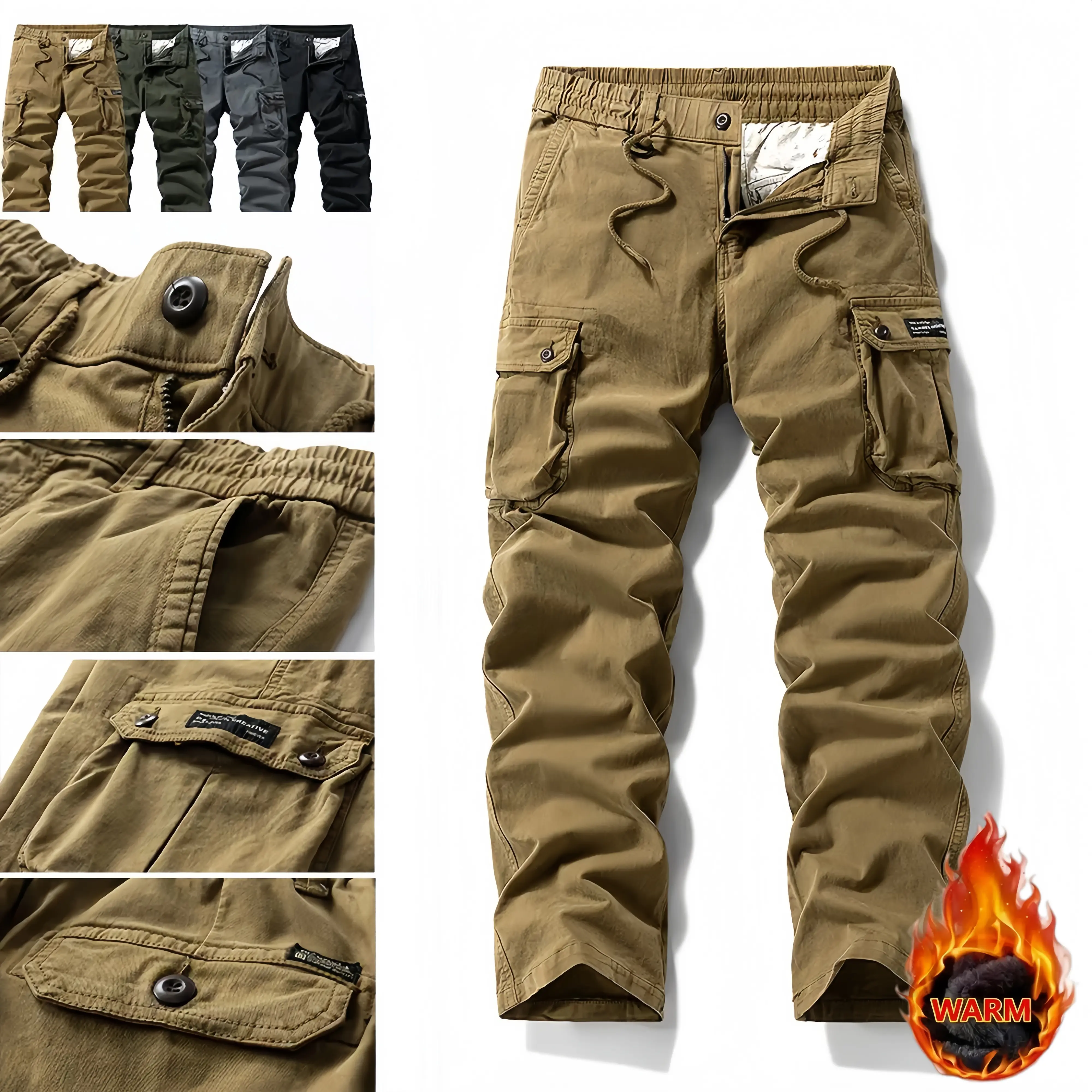 Men’s Retro Cargo Tactical Pants - Cotton Blend Washed Fleece-Lined, Mid Rise Loose Fit, Elastic Drawstring Waist, Durable Anti-Abrasion Fabric, Multi-Button Reinforced Pockets, Warm Winter Design, Rugged Outdoor Work & Hiking Pants, Cargo Tactical Men's