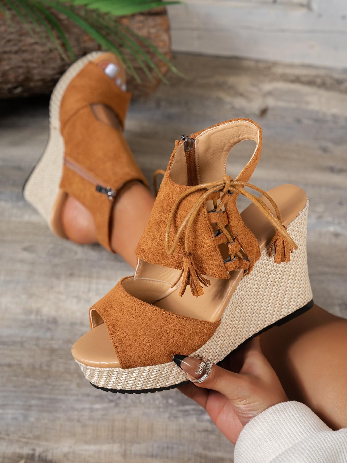 Fashion Women's Fringe Strap Wedge Sandals, Strappy Platform, Straw Bottom Design, All-Season Casual Shoes, Comfortable, Elegant, Classy and Stylish Footwear