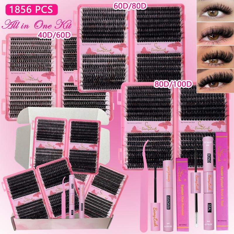 Lash Clusters Kit, 1856-Piece 10–18 mm D Curl 40D/60D/80D/100D Natural Volume Individual Eyelashes Book Set with Bond & Seal, Remover and Tweezers, Perfect for DIY at Home for Women and Beginners