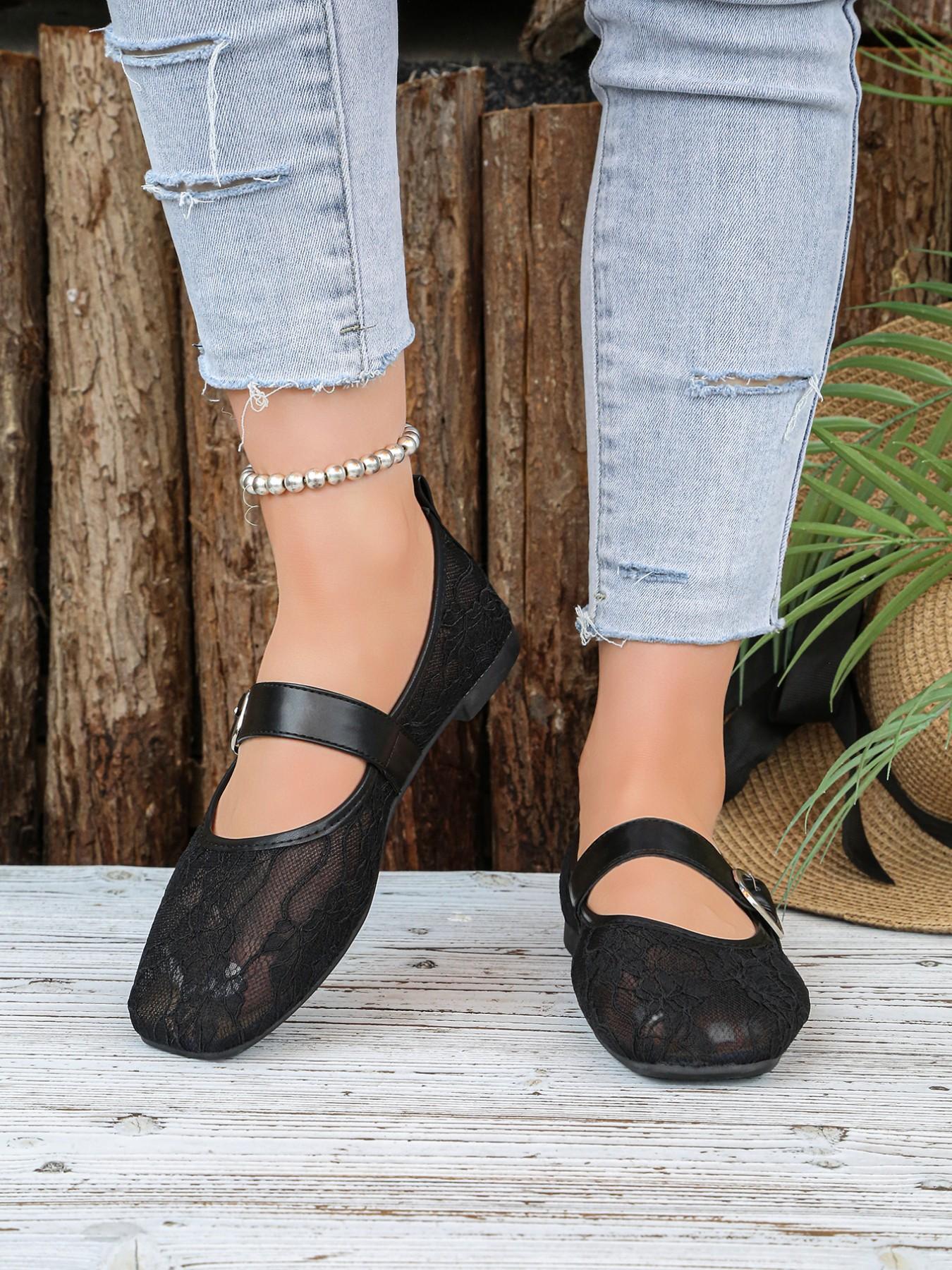 2026 Summer Hollow Out Mesh Square Toe Lace Mary Jane Shoes, Breathable Flat Shoes, Soft Sole Versatile Buckle Single Shoe