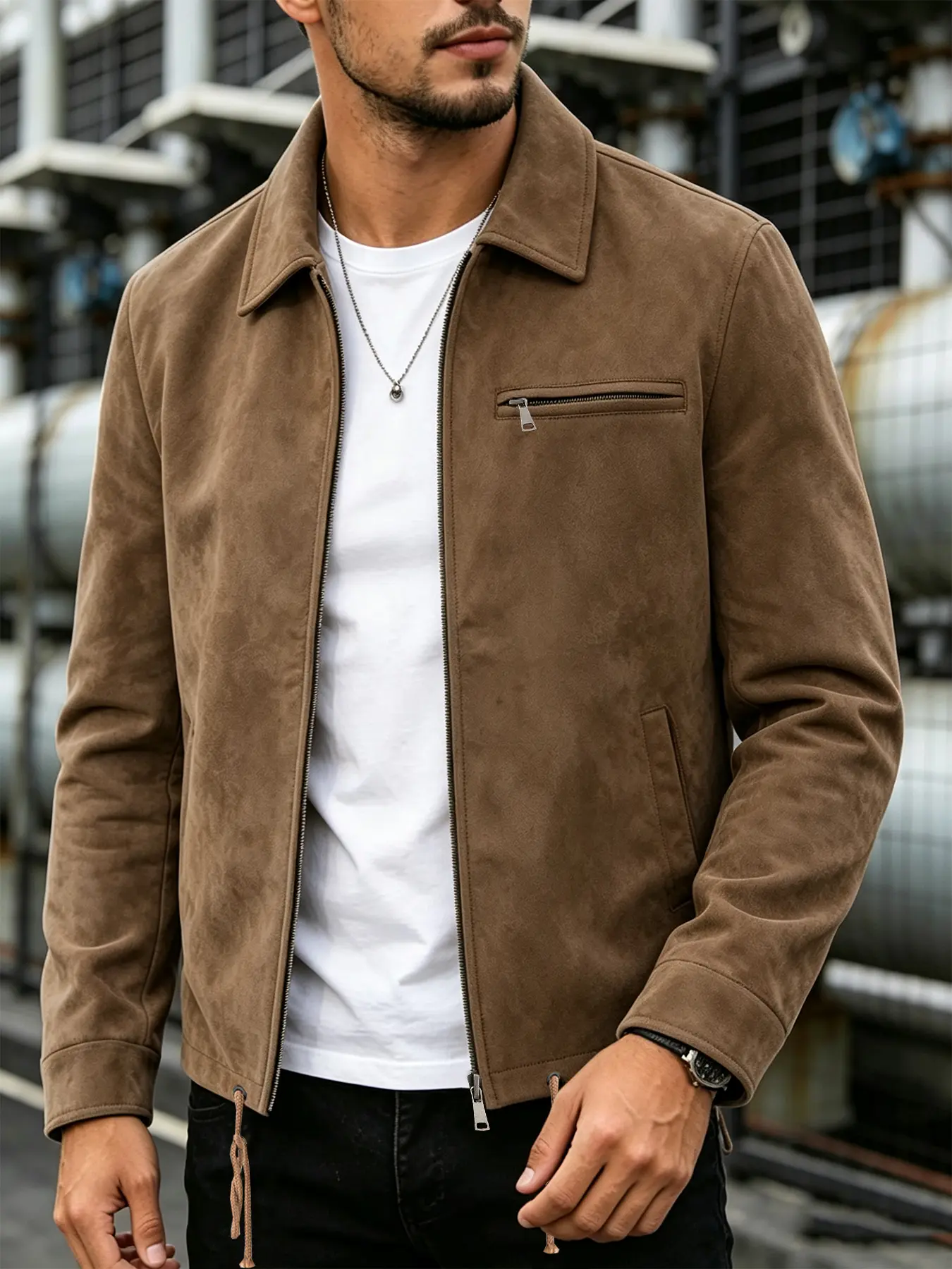 Men's Casual Work Jacket, Faux Suede Fabric, Zip Closure, Drawstring Hem, Lapel Collar, Long Sleeve, Spring & Fall Outerwear