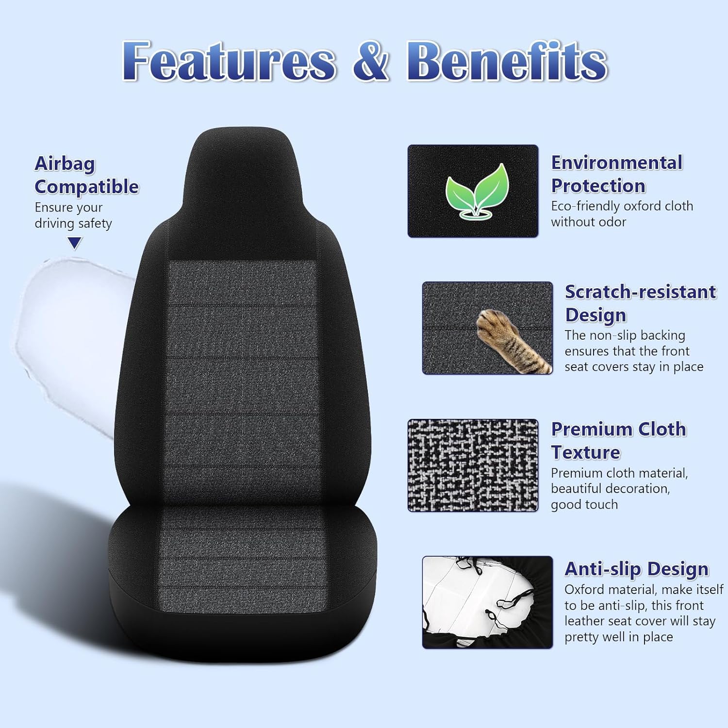 Custom-Fit Front Seat Cover for 1997-2000  F-150 Pickup, Front High  60/40 Split Seat Covers with Molded Headrests, Airbag Compatible, Quick Setup Interior Seat Cover