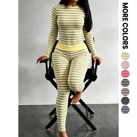 Women’s Striped Two Piece Lounge Set, Crew Neck Long Sleeve Fitted Top And High Waist Full Length Leggings, Stretchy Matching Outfit For Workout, Travel, Daily Wear And Casual Outings
