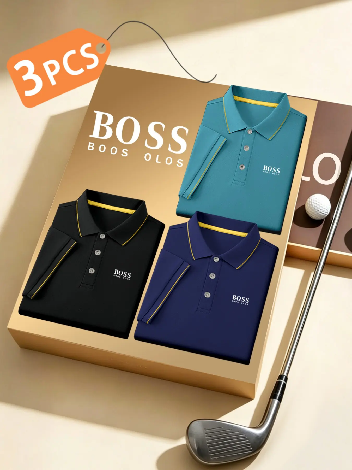 Men's Luxury Golf Polo Shirts, 3-Pack, Boss Logo Print, Fitted Collar, Stretchy, Breathable, All-Season Comfort, High-Quality
