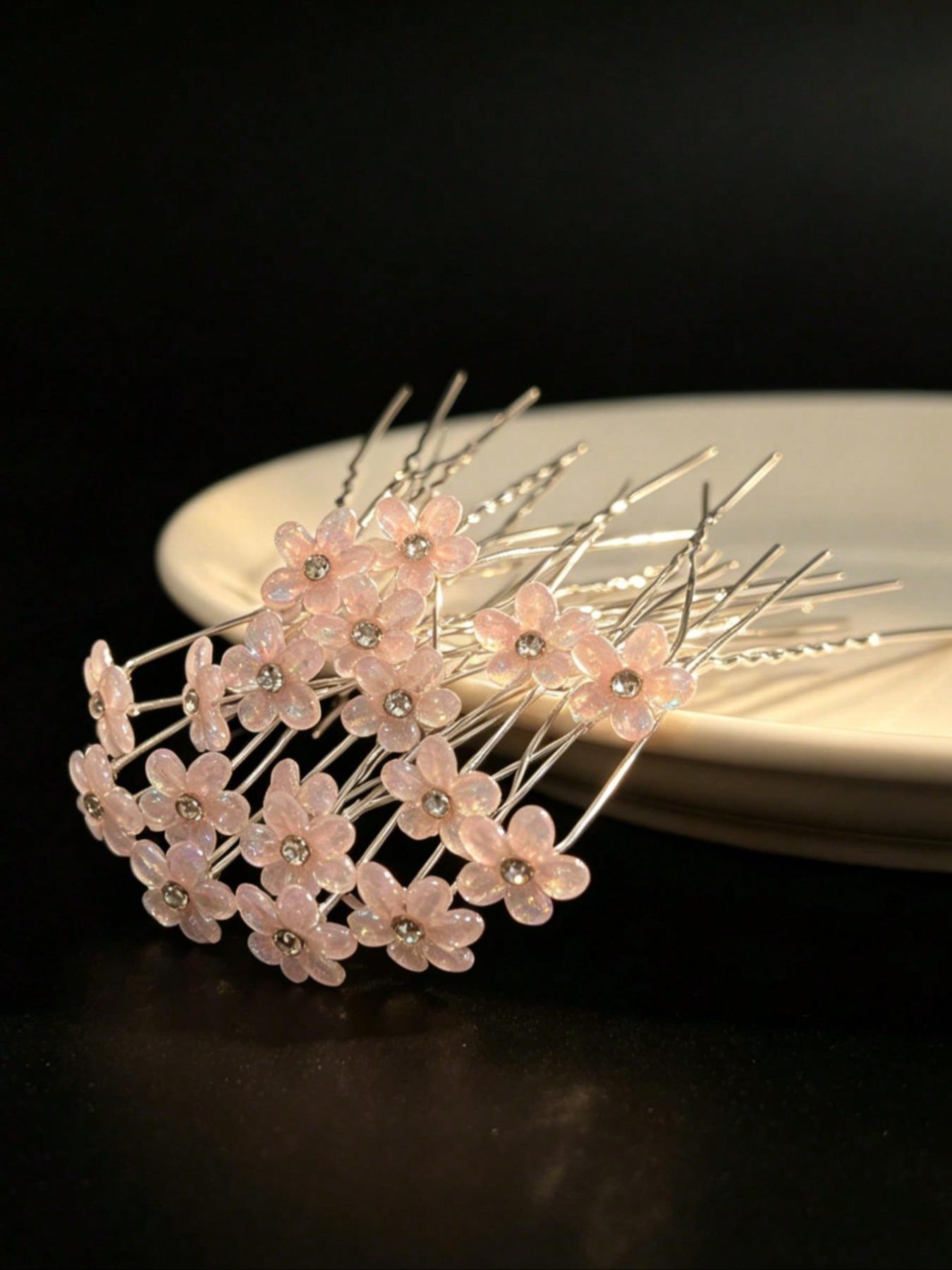 20 Pcs Women's Elegant Floral Hair Pins, Sparkly Flower Hair Accessories, Portable U-Type Hairpins, Suitable for Hanfu/qipao, Wedding Party Decor