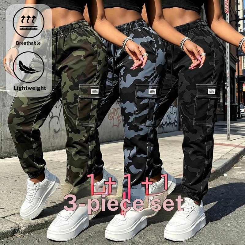 Women's 3-Piece Loose-Fit Camouflage Athletic Sports Joggers - Elastic Drawstring Waist, Workwear Pockets, Polypropylene Fabric for Female Daily Leisure, Outdoor Activities