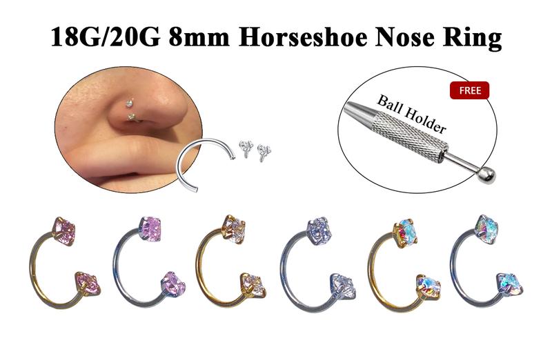20G(0.8mm)/18G(1.0mm) 8mm Horseshoe Nose Hoop Internally Threaded Gems Nose Ring with Free Ball Holder 20G(0.8mm)/18G(1.0mm) 8mm Horseshoe Nose Hoop Internally Threaded Gems Nose Ring with Free Ball Holder
