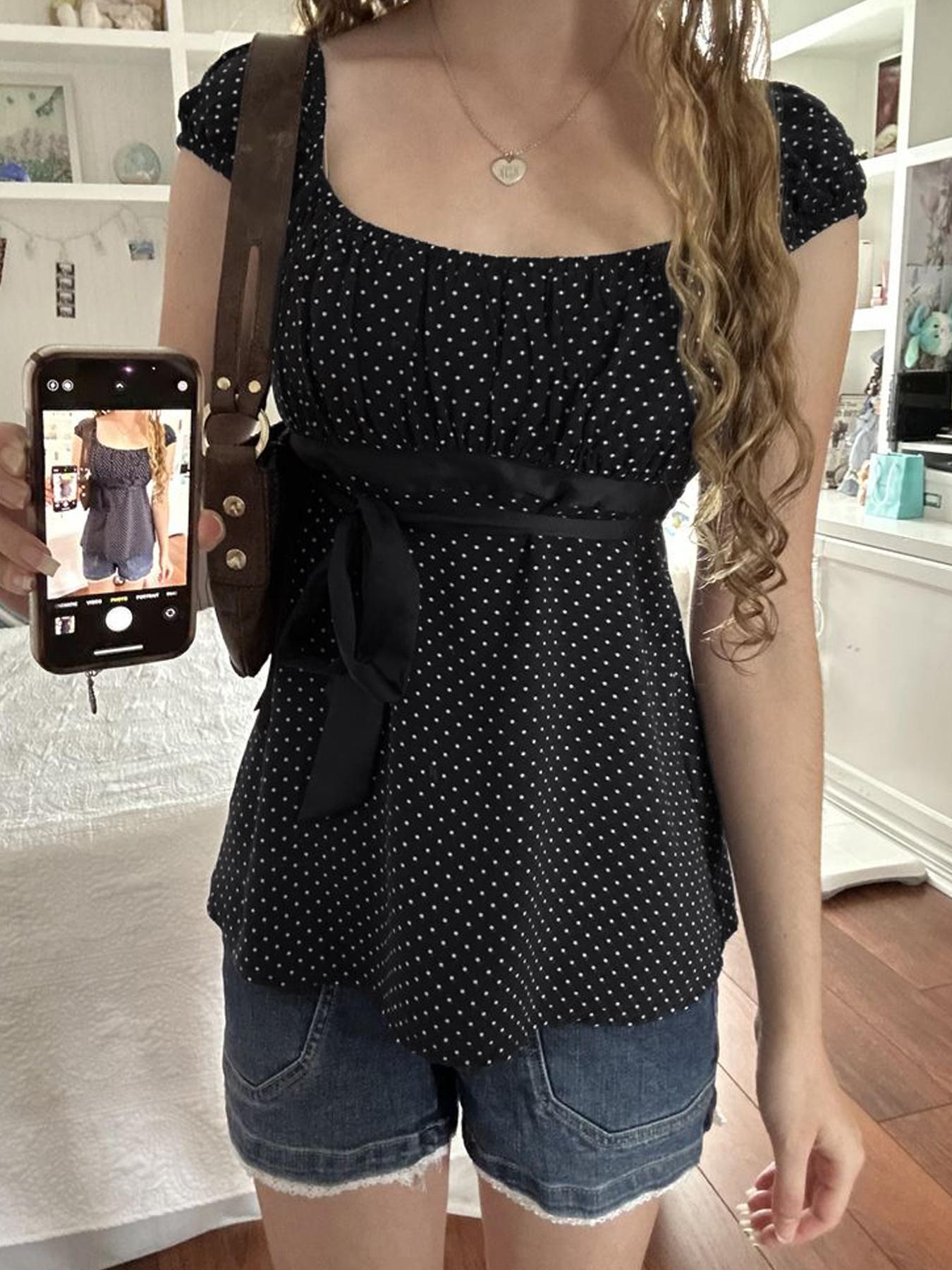 Polka Dot Square Neck Tie Top, French Vintage Style Slim Fit, Perfect for Daily and Dates, Women's Fashion