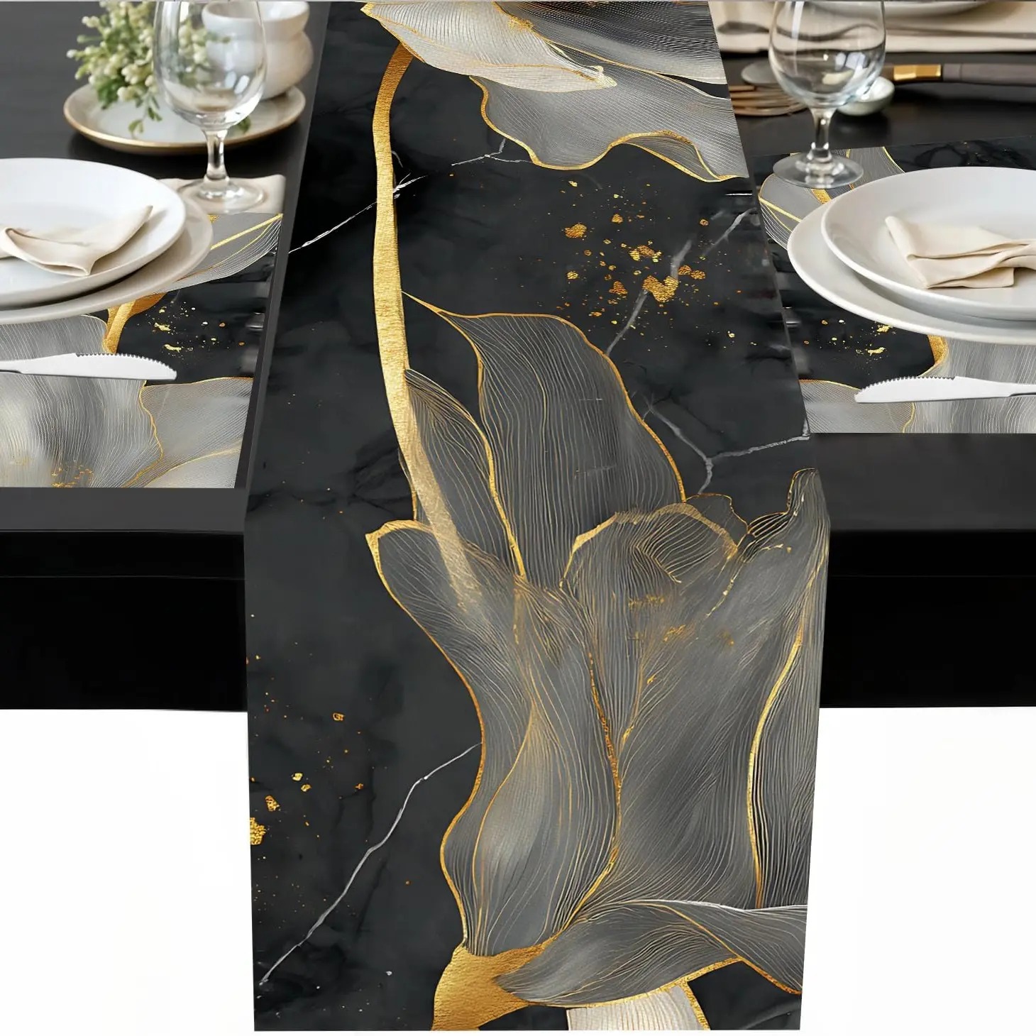 2D flat printing, set of 1/4/6/5/7 modern luxury tablecloths and placemats, Floral Pattern Placemat, black and gold abstract floral art elegant dining table decoration