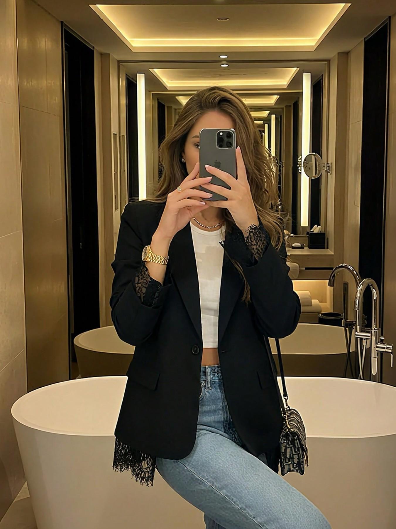 Women's Lace Patchwork Suit Jacket, Spring 2026 New Luxury Loose Fit Blazer, High-End Casual Fashion Outerwear