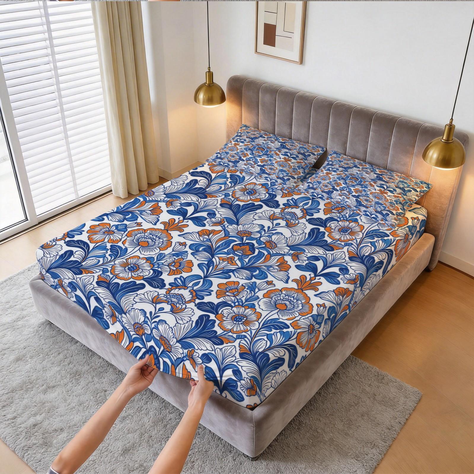 3 Piece Bohemian Blue Orange Floral Fitted Sheet Set, HD Digital Printed Bed Sheet Set, Deep Pocket Soft Bedding Set ( No Inserts) for Bedroom Decor