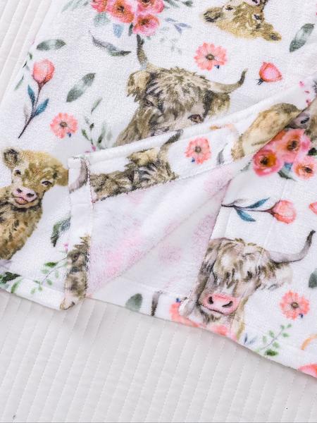 Women's Winter Plush Flannel Pajama Set, Soft Cow Head Print Sleepwear, Long Sleeve V Neck Nightgown with Pockets, Casual Home Wear