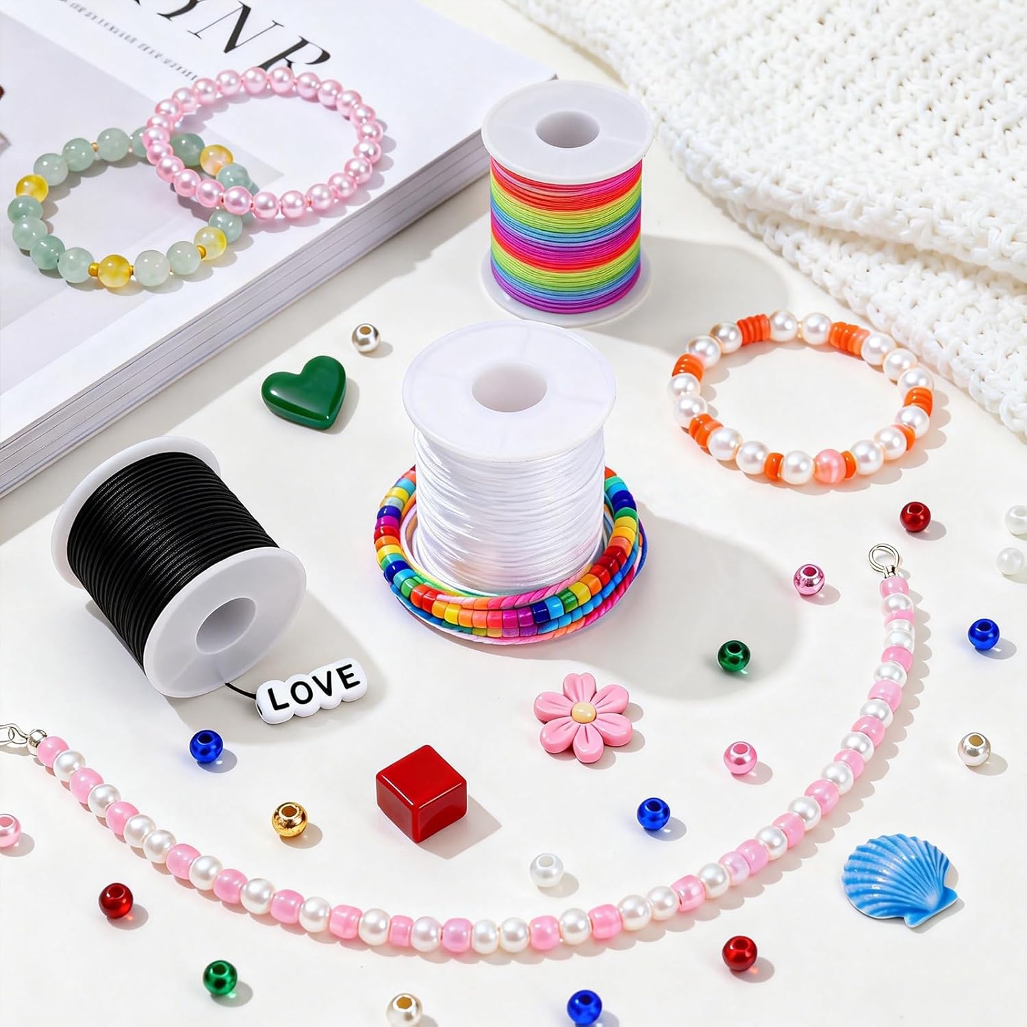8 count Elastic String Bracelet Making Kit, Stretchy Bracelet String ( ft Total), 6 Rolls 1mm Stretch Cord with  & 0.6mm  Threader for Beading and  Making.