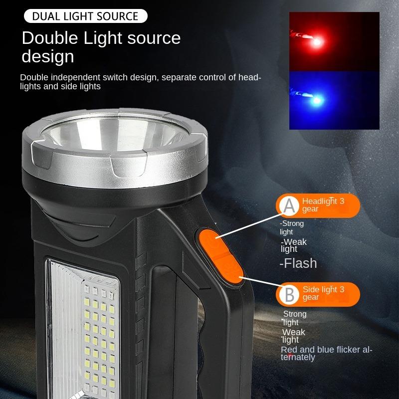 Solar Handheld Flashlight Solar Flashlight with Side Light Multiple Light Modes Long-Lasting Battery Solar Flashlight USB Rechargeable - For Emergencies Hiking Camping for Emergency Lighting