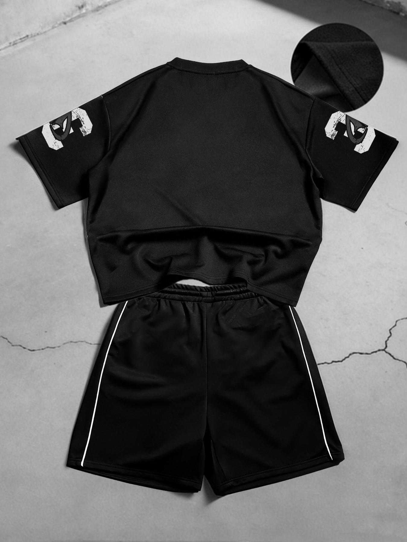 Men's Two-Piece Streetwear Set, Vintage Print Knit T-Shirt + Five-Quarter Pants, Y2K Basketball Style, Summer Sports, Teen Boys & Young Adults