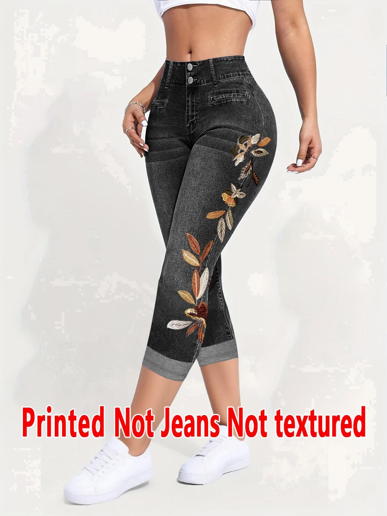 Women's Printed Skinny Pants Non-Denim Fabric, Ladies Seven-Inch Print Jeans-Like Bottoms, All Seasons Fashion