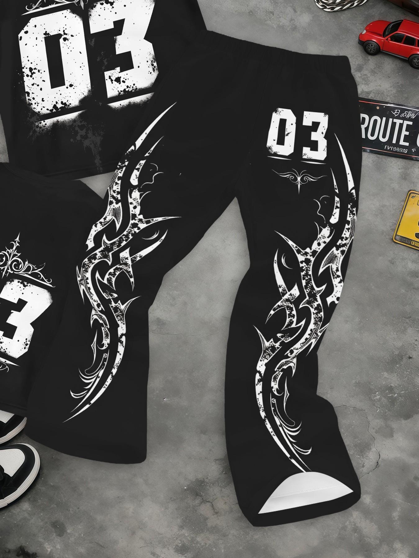 Men Graphic Matching Outfit, Vintage Tribal Number Print Short Sleeve Tee & Elastic Waist Curved Flare Trousers, Soft Airy Material, Cool Trendy Suit For Outdoor Leisure Time