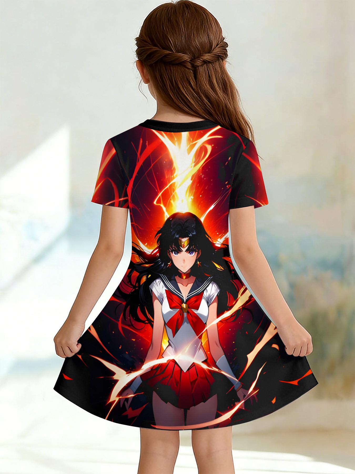 Girls' 3D Short Sleeve Dress, Sailor Moon Mars Fire Lady Full Print, Perfect for Parties, Festive Gifts, Birthday Presents