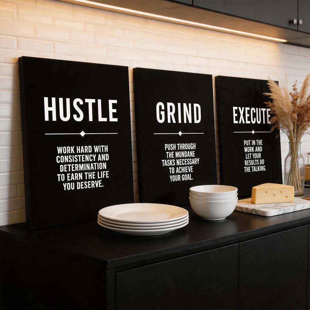 3-Panel Wooden-Framed Canvas Wall Art, Black Background Hustle Grind Execute Motivational Text Print, HD Canvas Prints, Inspirational Wall Decor For Office & Workspace, Modern Home Art, Ideal Entrepreneur Gift