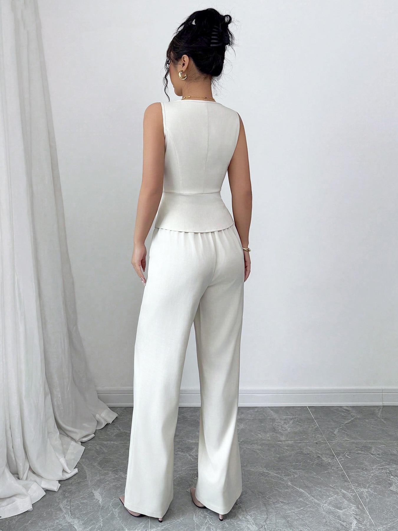 Elegant Women's V Neck Sleeveless Bodycon Vest & High Waist Pants Set, Spring Summer Fashion Two-Piece, Slim Fit Casual Wear