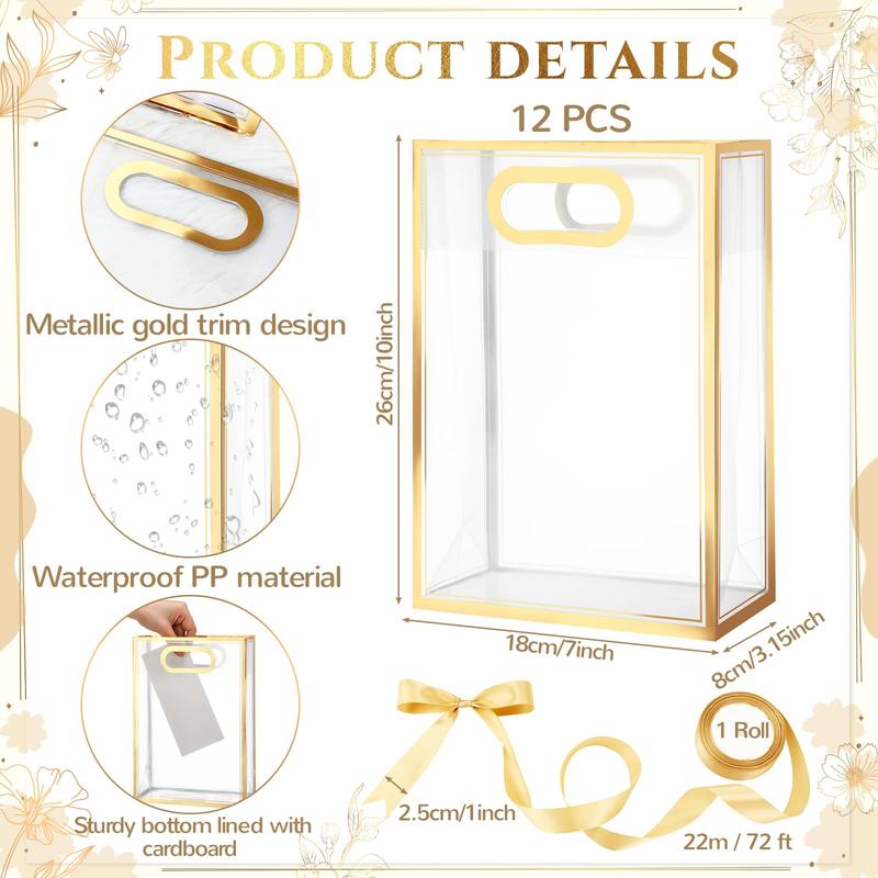 12 Pcs Valentine's Day Clear Plastic Gift Bag with Ribbon Transparent Gift Bag Wedding Gift Bag Reusable Gift Wrap Tote Waterproof Present Individual Packaging Bag for Wedding Bridal Birthday Baby Shower Summer Christmas Party