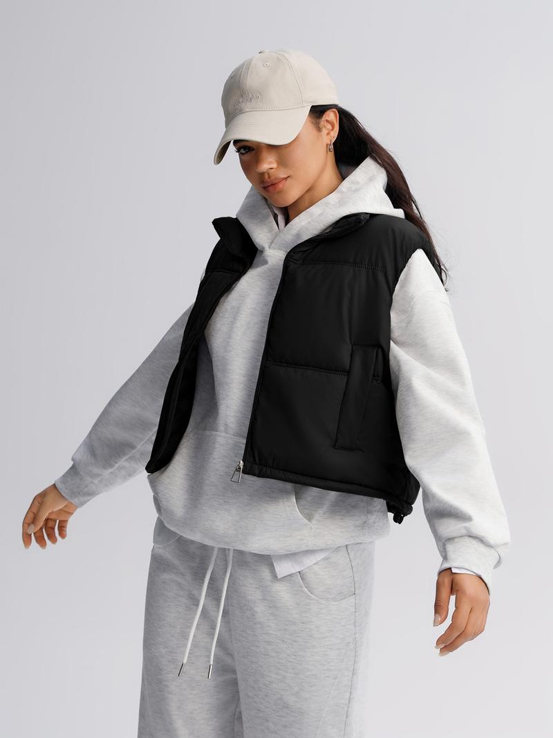 Women's Short Winter Warm Down Cotton Vest, Stand Collar Zip Design, Loose Fit Casual Fashion, Sporty Daily Wear