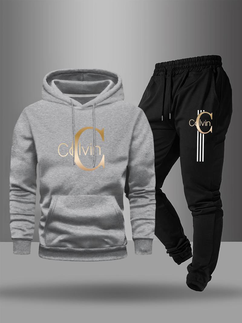 Men's Stylish Calvin Graphic Tracksuit, Casual Sweatsuits: Black Hoodie and Jogger Set with Gold Logo Print, Perfect for Urban Streetwear and Casual Daily Outfits