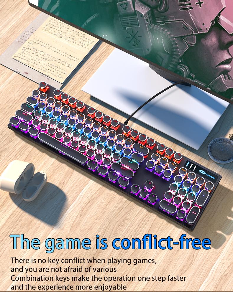 MageGee MK-Storm Typewriter Mechanical Gaming Keyboard, Retro Punk Round Keycaps Blue LED Backlight USB Wired Computer Keyboard for Gaming and Office, Compatible with Windows