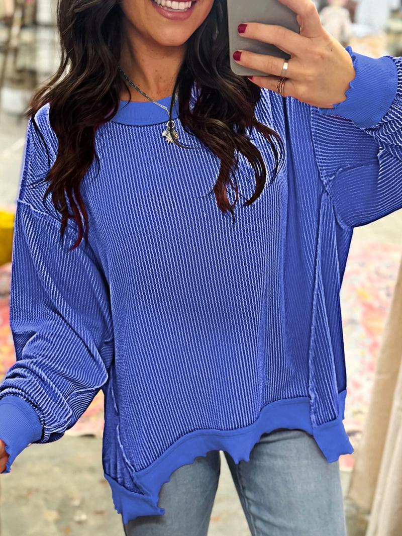 Spring & Fall Casual Women's Solid Color Twisted Ribbed Asymmetrical Hem Loose Drop Shoulder Long Sleeve Knit Top