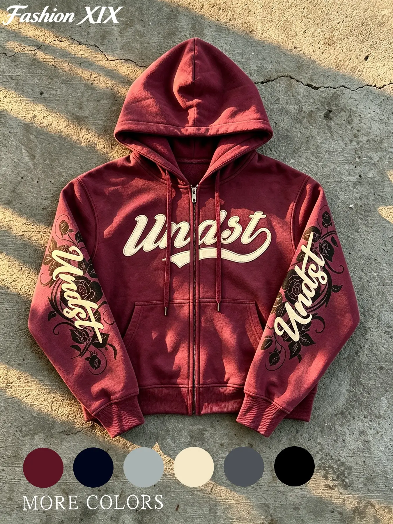 Unisex Burgundy Rose Print Letter Embroidery Zip Up Hoodie, Loose Cropped Long Sleeve Hooded Jacket, Gothic Street Daily Outfits for Teens, Y2K Fans & Dark Academia Lovers, Fall Winter Grunge Goth Viral Streetwear Rare Aesthetic