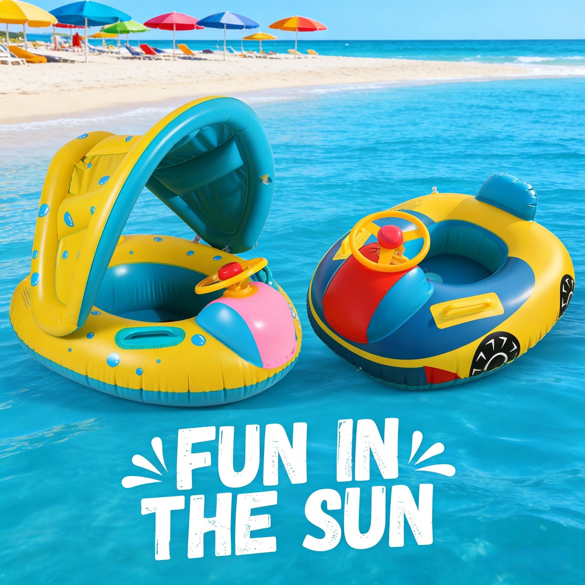 Bubble Print Shaded Inflatable Pool Float with Steering Wheel, Sun Protection, Interactive Driving Design, Thickened PVC, Fun Summer Water Play