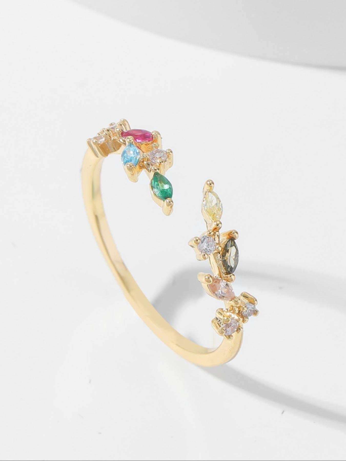 Fashion Micro-Set Colorful Zircon Leaf Ring for Women, Simple and Versatile Open Adjustable Band, Elegant Jewelry Accessory