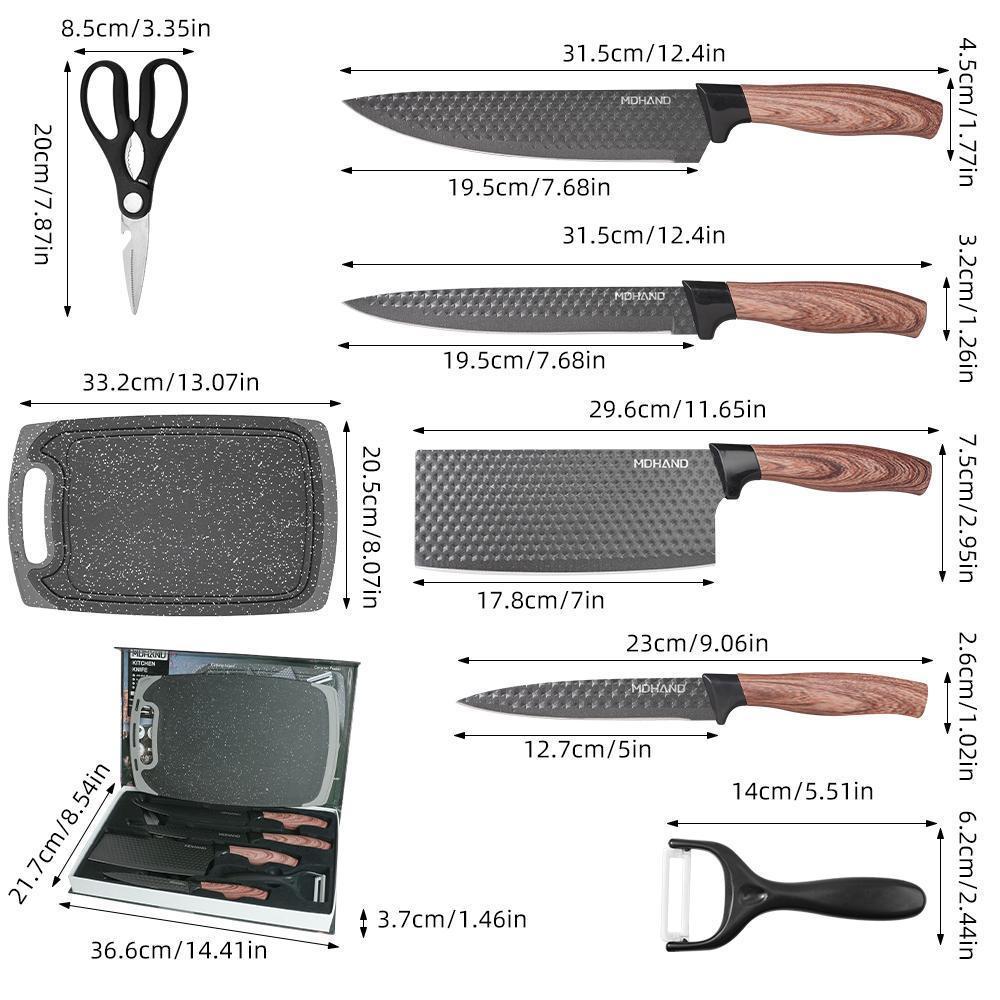 Professional 7pcs Kitchen Knife Set - Chef's Knife, Slicing Knife, Scraper, Scissors and Cutting board - High Carbon Stainless Steel with Ultra-Sharp Blades, Non-Stick Ergonomic Wooden Handles - Ideal for Home, Travel, and Gift Box Set#Summervibes