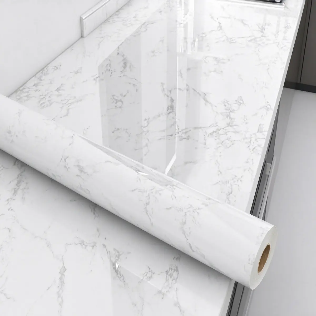 Glossy Marble Contact Paper  Kitchen Countertop Cabinets Furniture Refurbishment Wall Paper Removable Wallpaper Peel Washable,Tile Cabinet Repair