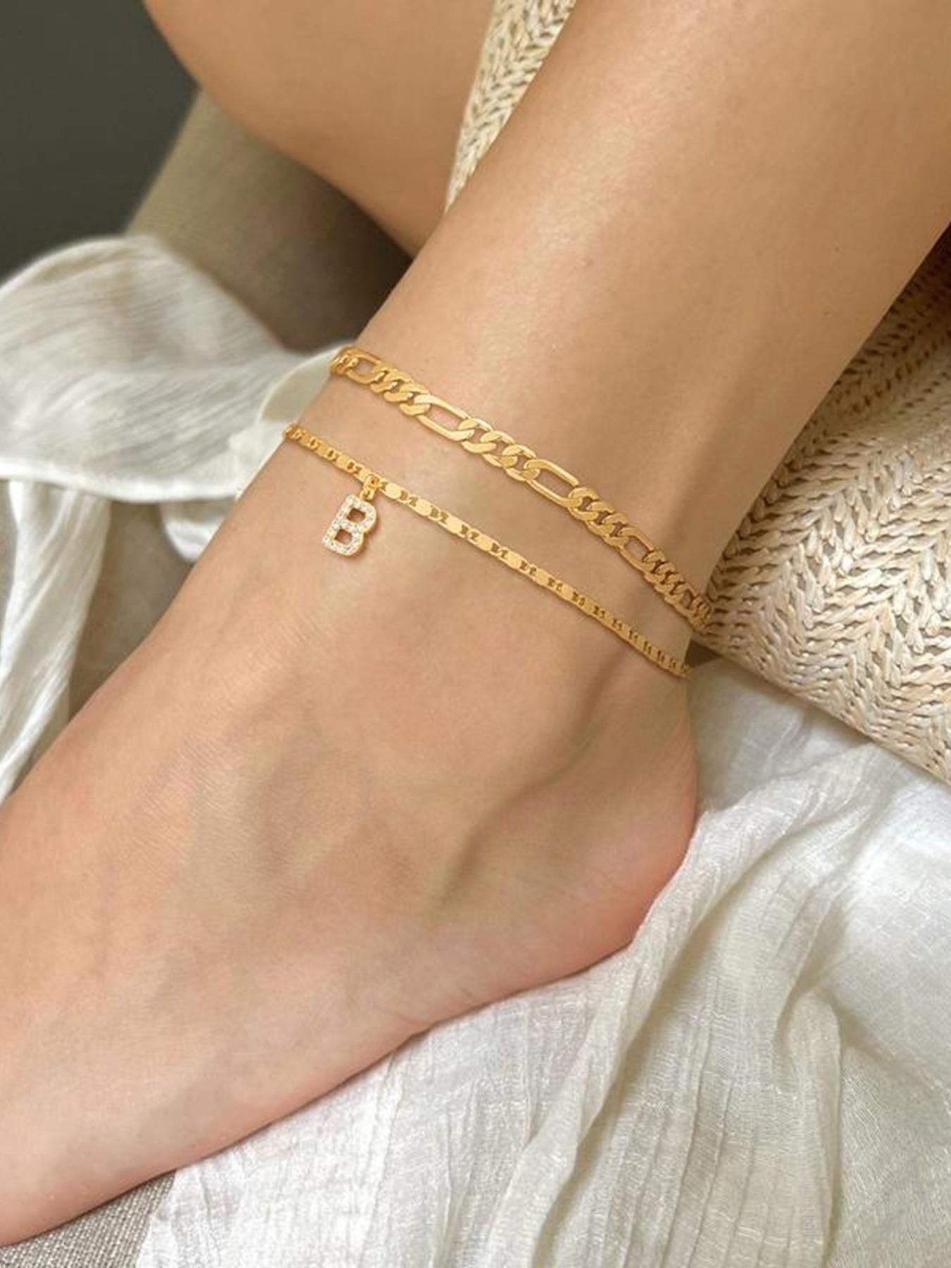Personalized Layered Anklets for Women | Cute Gold Initial Ankle Bracelet Set with Adjustable Extender | Dainty Sparkle Letter Charm | Trendy Boho & Beach Style Foot Jewelry | Cute Stocking Stuffer & Best Friend Gift for 2026
