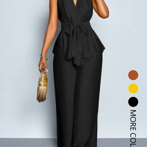 This women's summer casual two-piece set, Summer Outfit Set, with solid-color, belted V-neck sleeveless shirt and wide-leg trousers. The relaxed fit is perfect for warm weather loungewear set