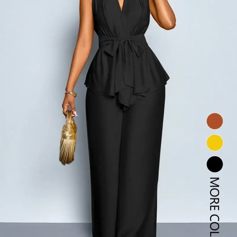 Women's All Seasons Casual Elegance Chic Basic Fitted Two-Piece Set - Solid-Color Belted V-Neck Sleeveless Shirt & Wide-Leg Trousers Womenswear