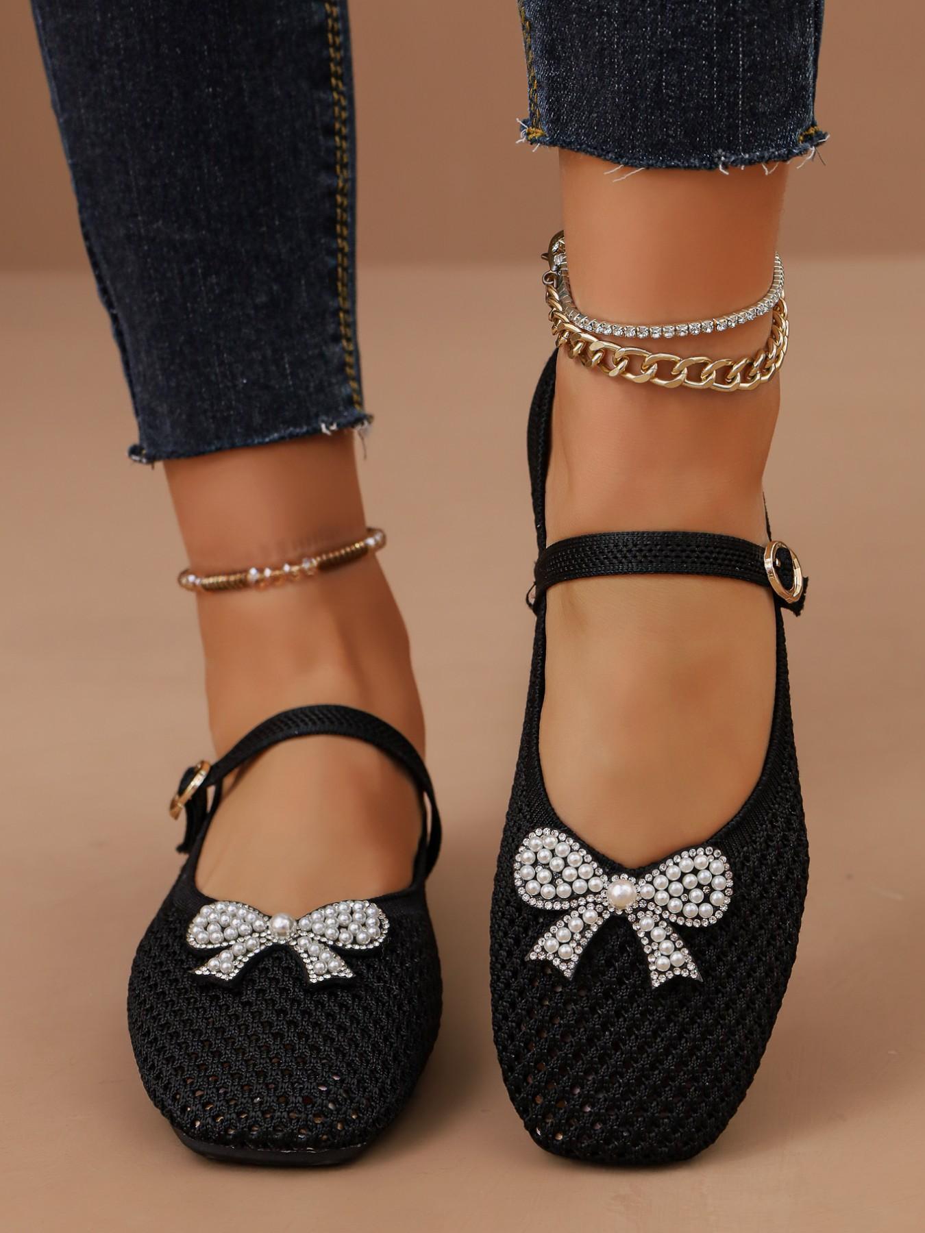 Women's Elegant Pearl Rhinestone Bow Mary Jane Flat Shoes, Breathable Mesh Square Toe Buckle Sandals, Casual Office Fashion Footwear