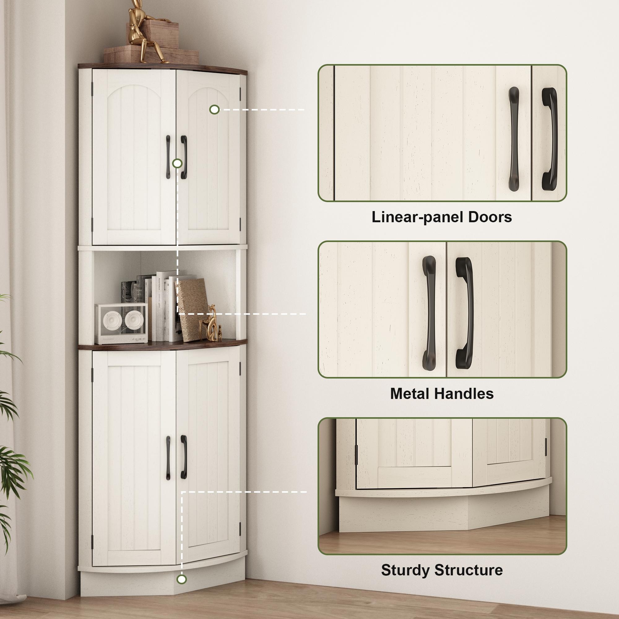 PieDle Furniture Tall Bohemian Rattan Corner Storage Cabinet - 4 Doors, 5 Shelves, 64.7" Height, Ideal for Living Room, Kitchen, Bathroom & Office Organization