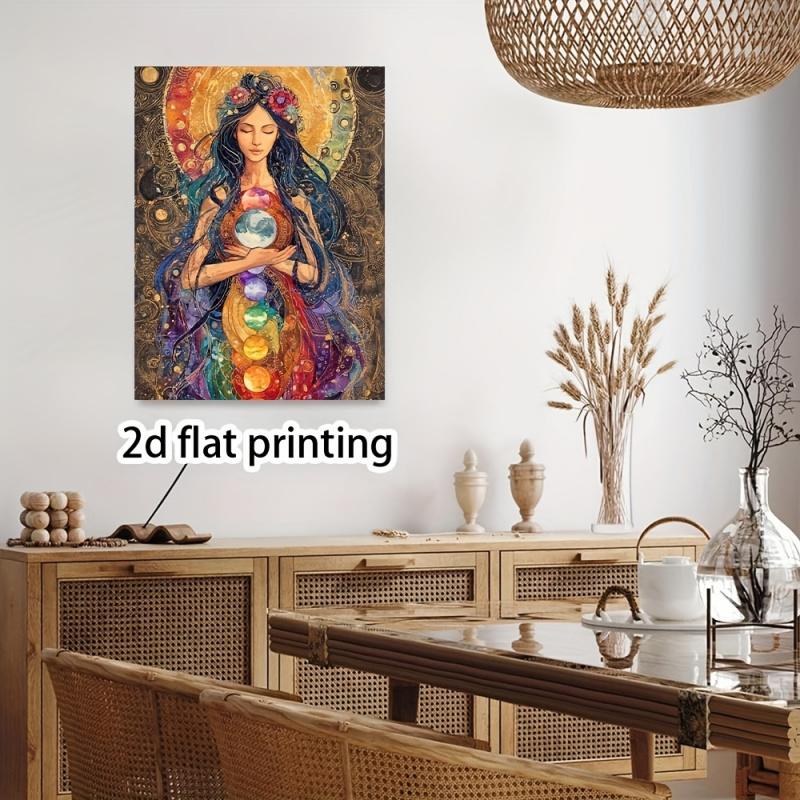 1pc Gaia Goddess Wall Art - Bohemian Celestial Earth Goddess Painting with Deep Blue & Golden Tones, Wrapped Canvas Framed Print Suitable for Living Room, Bedroom, Office - Natural Soul Art, 2D Flat Goddess Art Print, Perfect Room Decoration