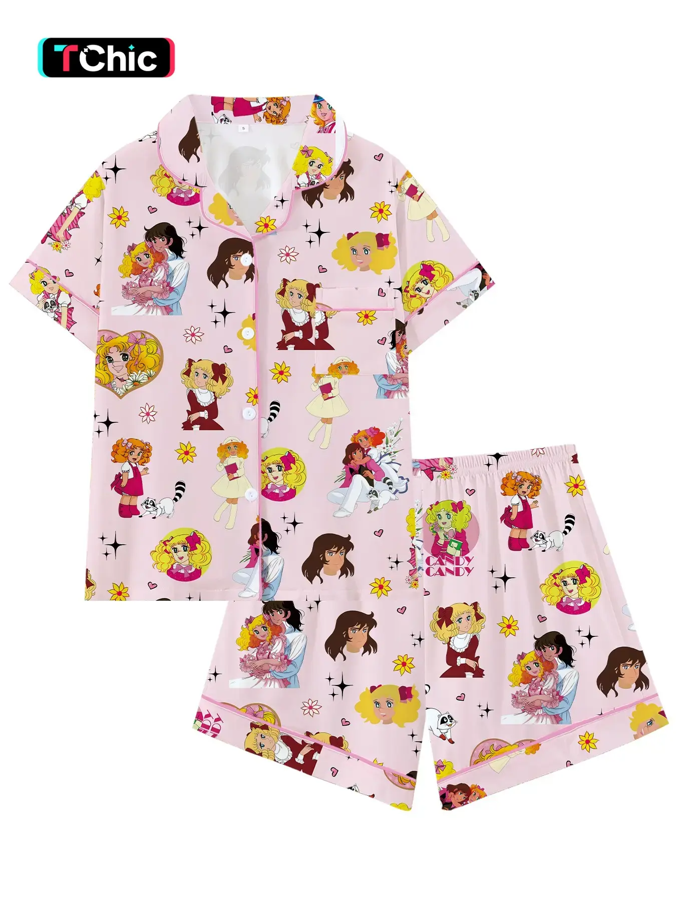 Women's Retro Sweetheart Pajama Set, Classic Cartoon Girl Pattern, Soft Trim, Short Sleeve, Loose-Fitting, All Seasons