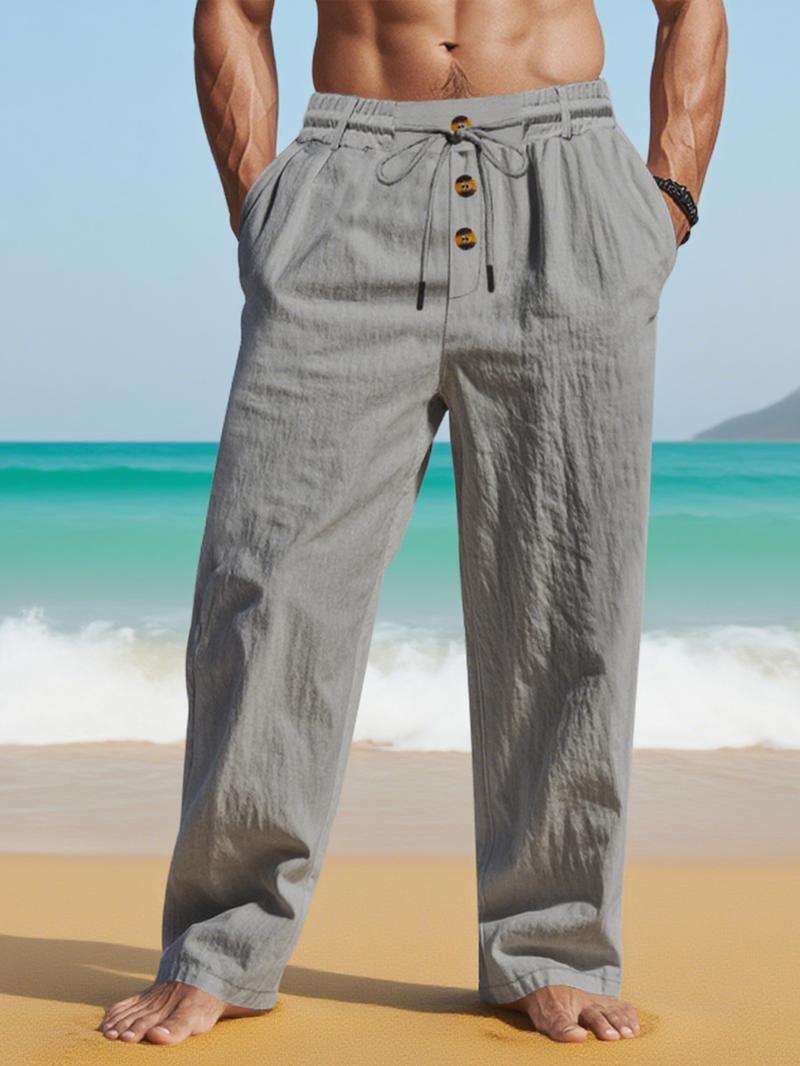Men's solid - color linen straight - leg pants, drawstring - waist casual long pants with pocket design, loose - fitting wide - leg pants suitable for all seasons, light - washed loose - cut trousers for daily wear, Casual Beach Pants