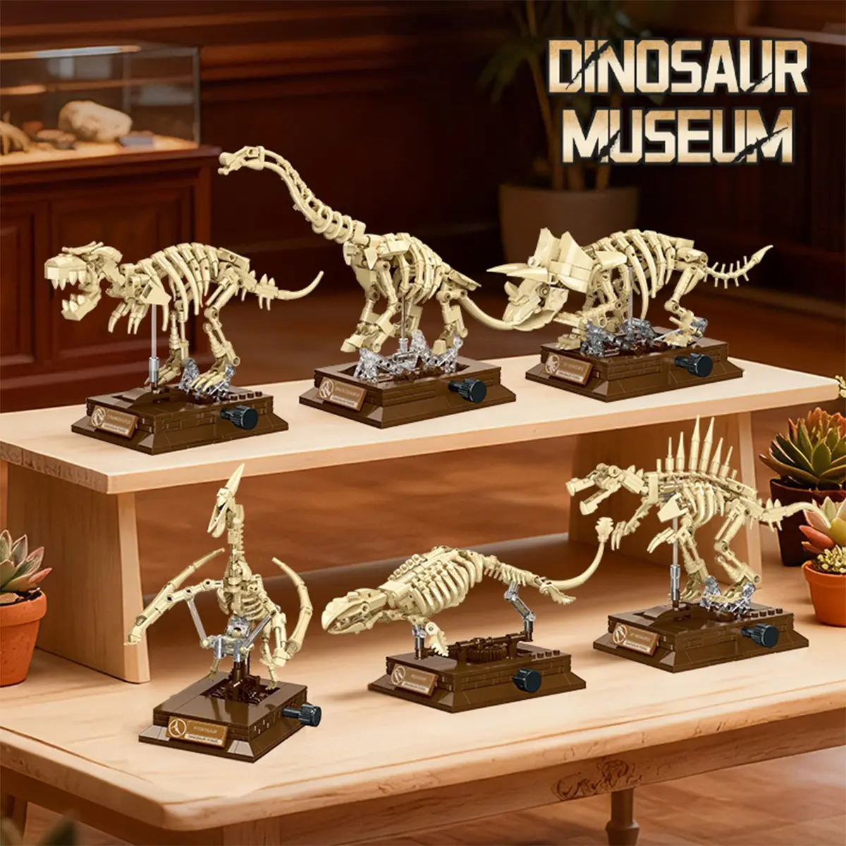 6-Piece Museum Dinosaur Fossil Skeleton Building Block Set, Premium Realistic Articulated Dinosaur Skeleton Models, T-Rex, Triceratops, Pterosaur & Mosasaurus, Collectible Desktop Display Decor,Birthday & Christmas